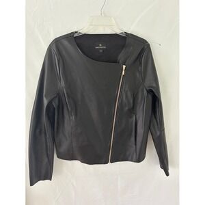 Worthington Womens Black Faux Leather Asymmetrical Zip Collarless Jacket Large